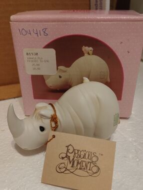 Precious Moments Cream Rhinoceros Figurine with Pink Box Accent